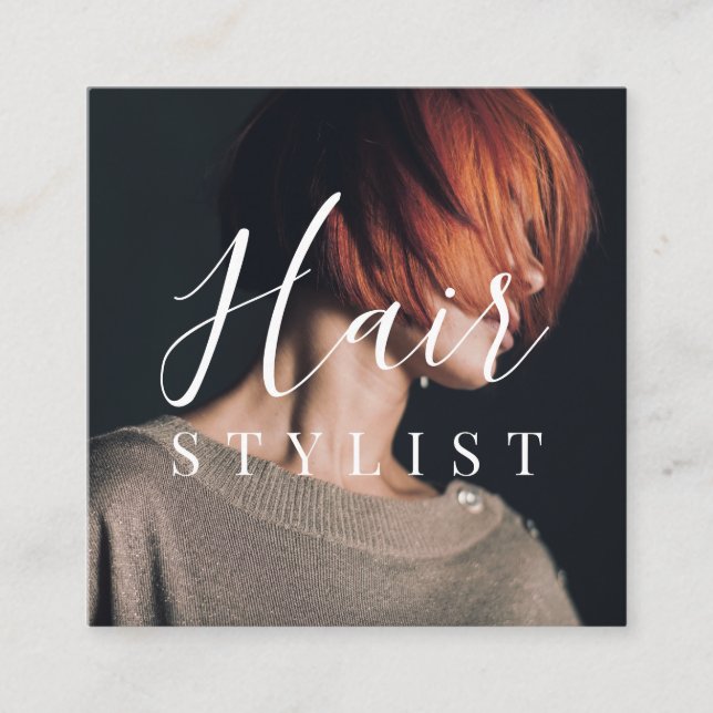 Trendy hairdresser white script hairdresser photo square business card (Front)