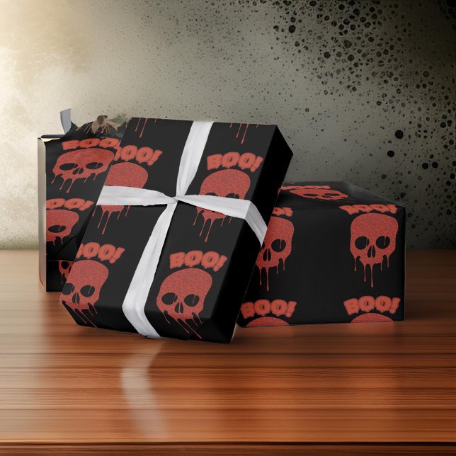 Trendy Halloween Black Spooky Boo Skulls Gift Wrapping Paper (Creator Uploaded)