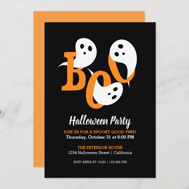 Trendy Halloween Party Boo Ghosts Black Invitation (Front/Back)