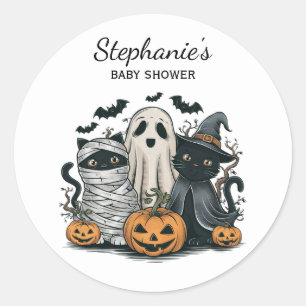 Trendy Halloween Pumpkin Ghost Cat Baby Shower Classic Round Sticker