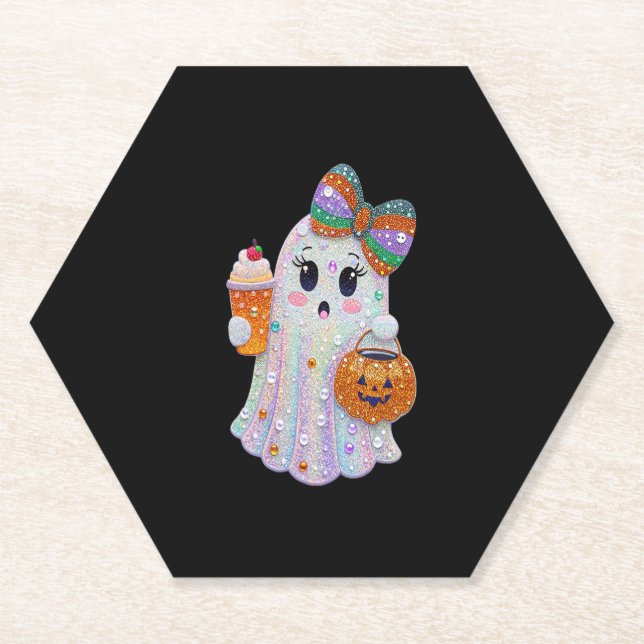 Trendy Halloween Rhinestones Ghost Paper Coaster (Front)