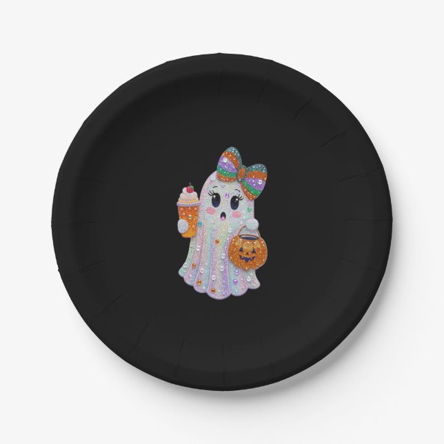 Trendy Halloween Rhinestones Ghost Paper Plate (Front)