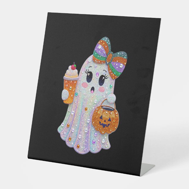 Trendy Halloween Rhinestones Ghost Pedestal Sign (Front)