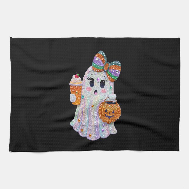 Trendy Halloween Rhinestones Ghost Tea Towel (Horizontal)