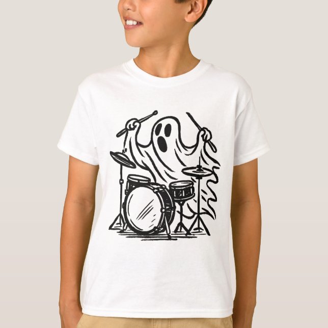 Trendy Halloween Spooky boo ghost Playing Drums    T-Shirt (Front)