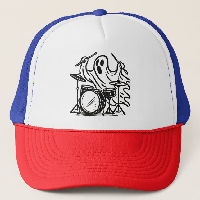 Trendy Halloween Spooky boo ghost Playing Drums    Trucker Hat (Front)