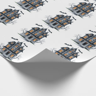 Trendy Halloween Spooky Haunted House and Bats Wrapping Paper
