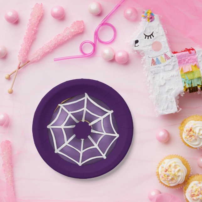 Trendy Halloween Spooky Purple Web Doughnut Party Paper Plate (Party)