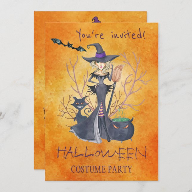Trendy Halloween watercolor witch costume party Invitation (Front/Back)