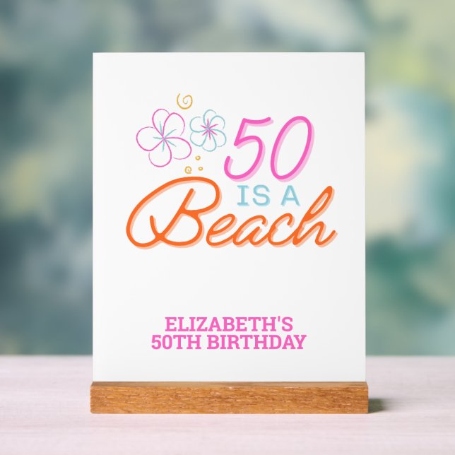  Trendy Hand Drawn 50th Beach Birthday Acrylic Sign (Neutral)