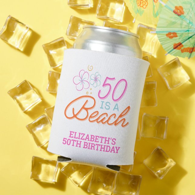  Trendy Hand Drawn 50th Beach Birthday Party Favou Can Cooler (In Situ Summer)