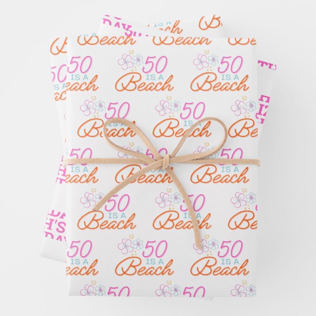  Trendy Hand Drawn 50th Beach Birthday Wrapping Paper Sheet (In situ)