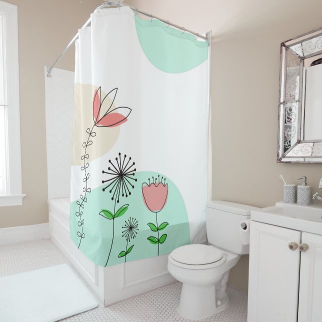 Trendy Hand drawn Artsy Florals Coral Teal Shower Curtain (In Situ)