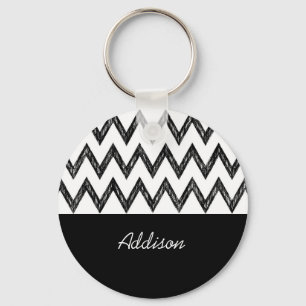 Trendy Hand Drawn Black and White Chevron and Name Key Ring