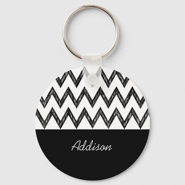 Trendy Hand Drawn Black and White Chevron and Name Key Ring (Front)