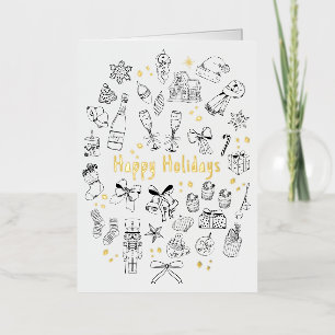 Trendy Hand Drawn Black & White Happy Holidays Foil Greeting Card