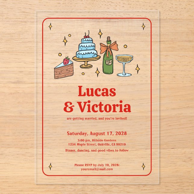 Trendy Hand Drawn Bold Red Whimsical Wedding Acrylic Invitations (Front)