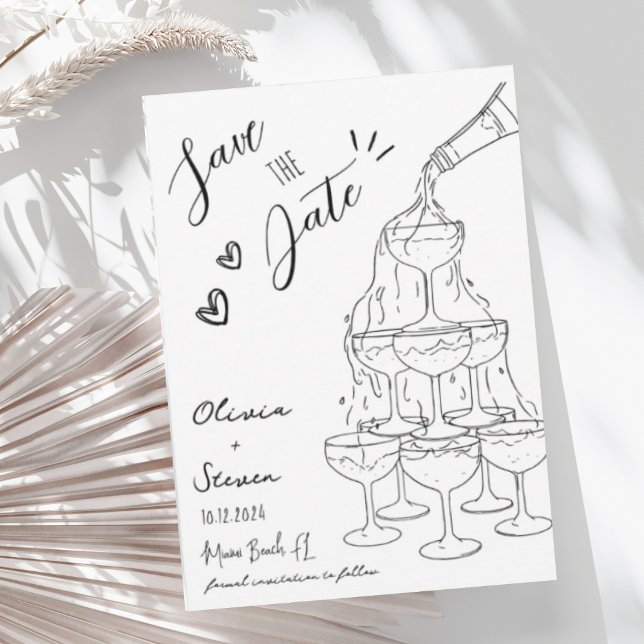 Trendy Hand Drawn Champagne Tower Save the Date Invitation (Creator Uploaded)