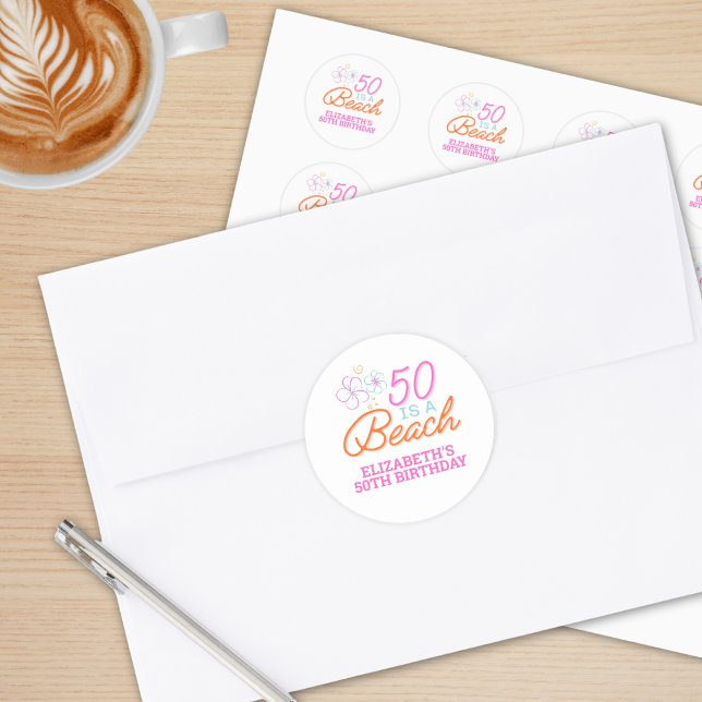  Trendy Hand Drawn Doodle 50th Beach Birthday  Classic Round Sticker (Creator Uploaded)