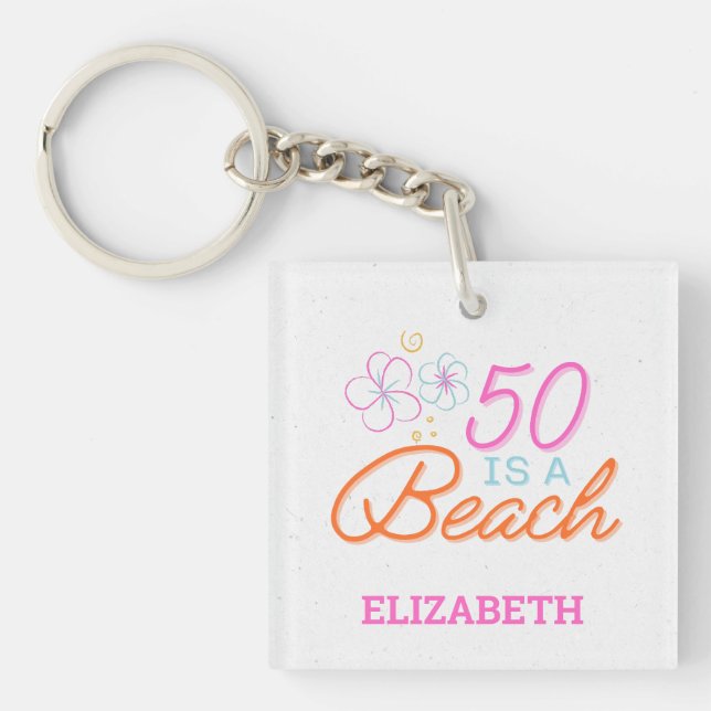  Trendy Hand Drawn Doodle 50th Beach Birthday  Key Ring (Front)