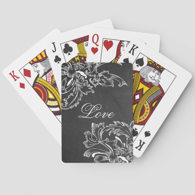 trendy hand drawn floral black board chalk effects playing cards (Back)