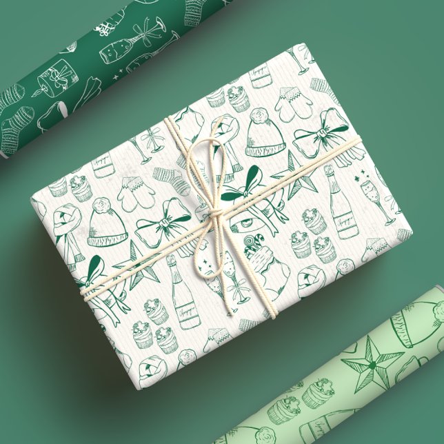 Trendy Hand Drawn Monochrome Green & White Xmas Wrapping Paper Sheet (Creator Uploaded)