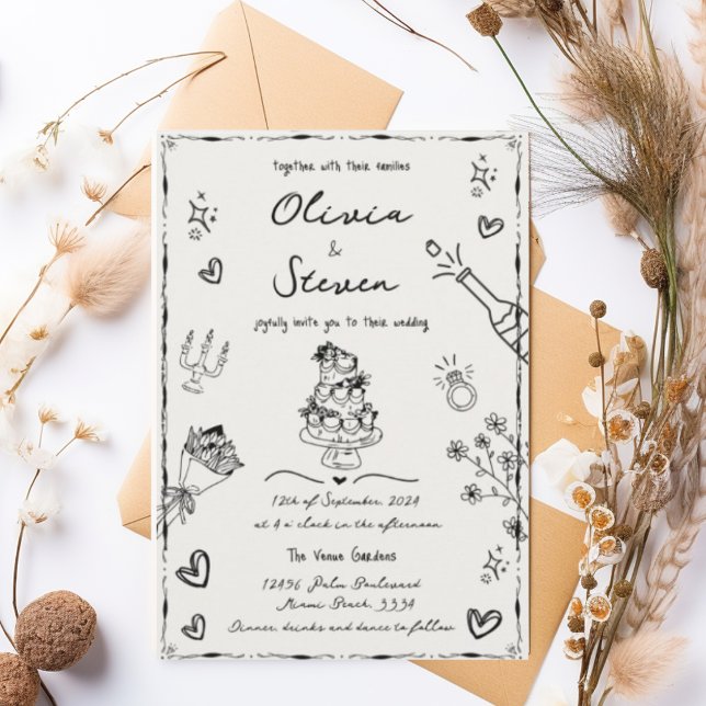 Trendy Hand Drawn Quirky Scribble Wedding Invitation (Creator Uploaded)