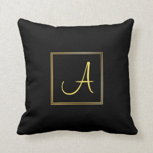 Trendy Hand Script Name A Black Gold Monogrammed Cushion