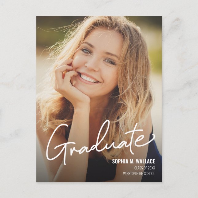Trendy Handlettering Script Graduate Photo Announcement Postcard (Front)