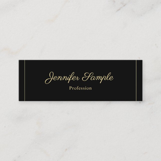 Trendy Handwritten Script Black Gold Chic Design Mini Business Card (Front)