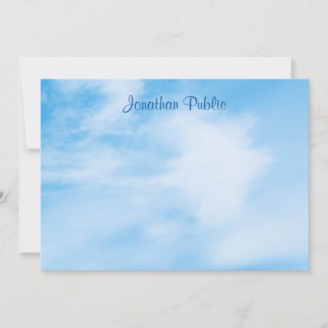 Trendy Handwritten Script Name Blue Sky Clouds Card (Front)