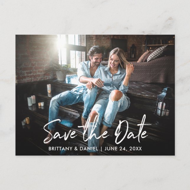 Trendy Handwritten Script Save the Date Photo Postcard (Front)