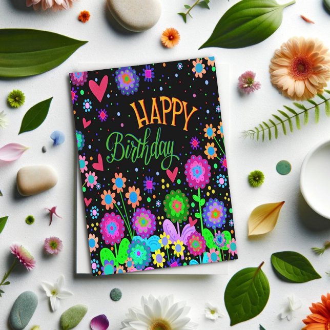 Trendy Happy Birthday Fun Floral Colourful Flowers Card (Creator Uploaded)