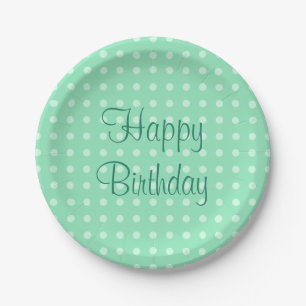 Trendy Happy Birthday Text Dots Rustic Mint Green Paper Plate