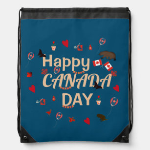 Trendy Happy Canada Day Blue Drawstring Bag