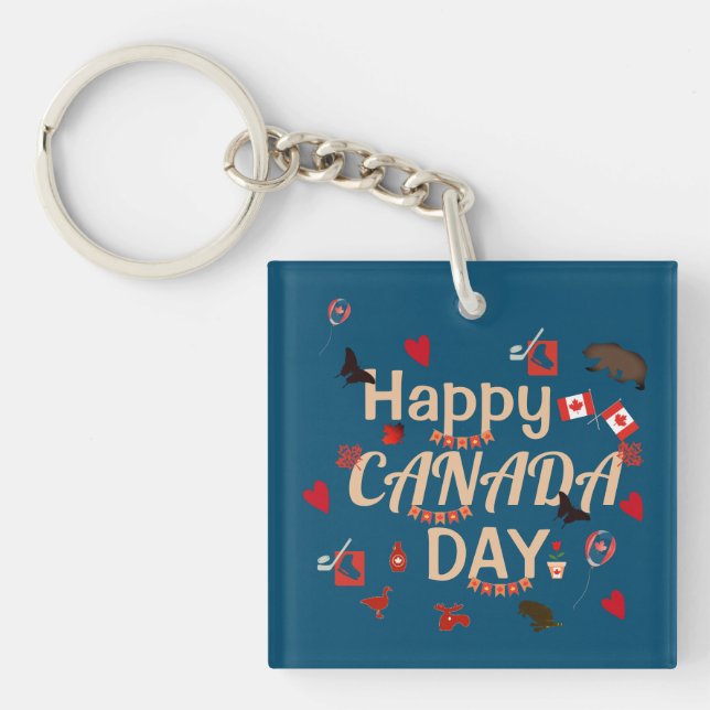 Trendy Happy Canada Day Blue Key Ring (Front)