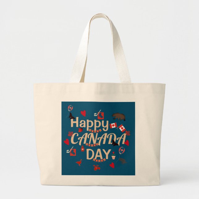 Trendy Happy Canada Day Large Tote Bag (Front)