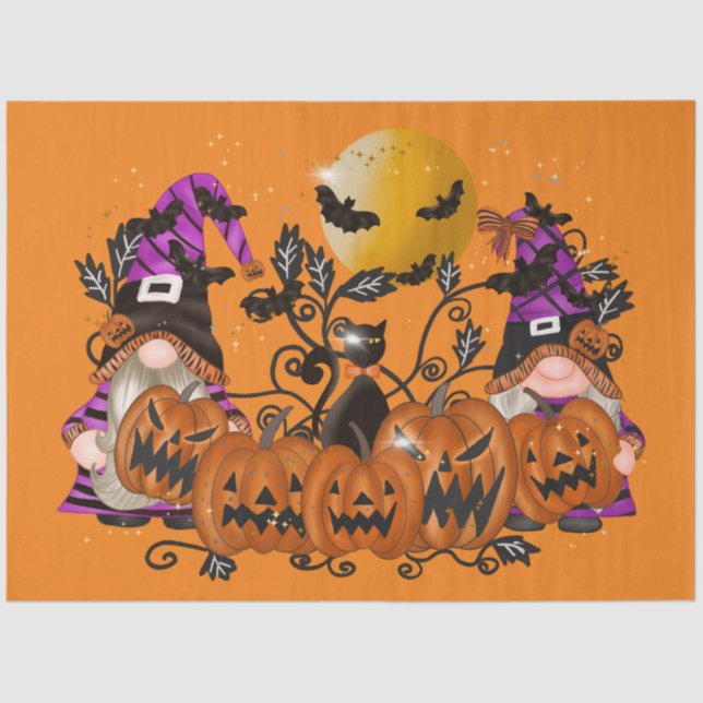 Trendy Happy Halloween Orange Gnome Tissue Paper (Front)