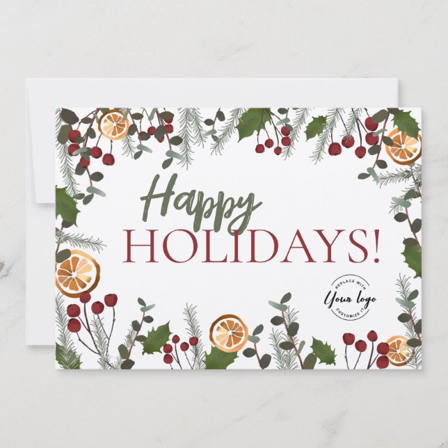 Trendy Happy Holidays Christmas Foliage Your Logo Holiday Card (Front)