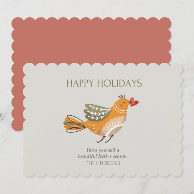 Trendy Happy Holidays | Cute Bird Illustration Holiday Card (Front/Back)