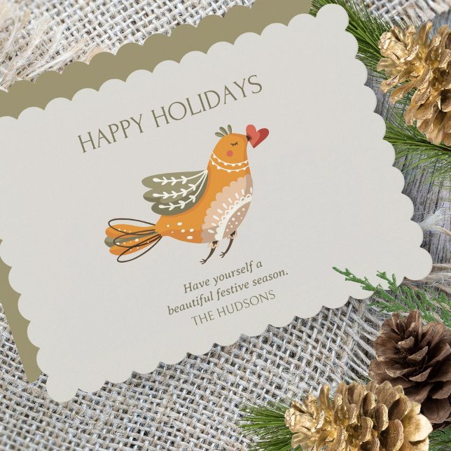 Trendy Happy Holidays | Cute Bird Illustration Holiday Card (Creator Uploaded)