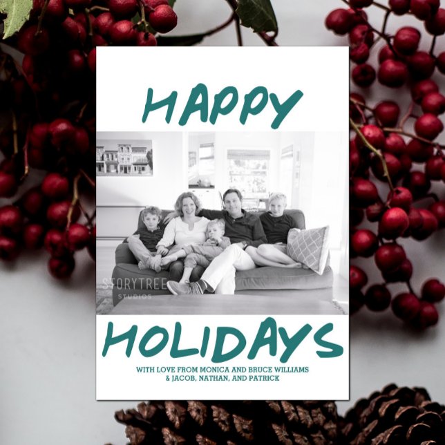 Trendy Happy Holidays Photo Card | Teal (Teal Trendy Happy Holidays Photo Card)