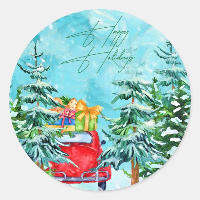 Trendy Happy Holidays Watercolor Christmas Sticker (Front)