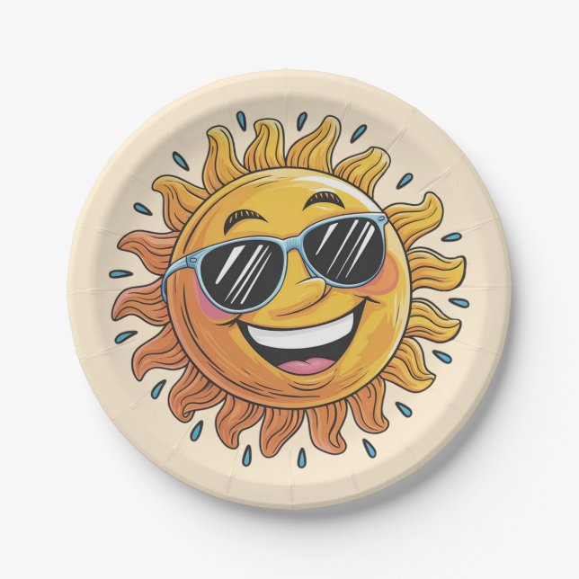 Trendy Happy Yellow Sun with Sunglasses   Paper Plate (Front)