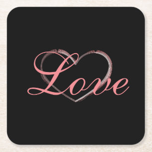 Trendy Heart Grey Calligraphy Love Wedding Square Paper Coaster