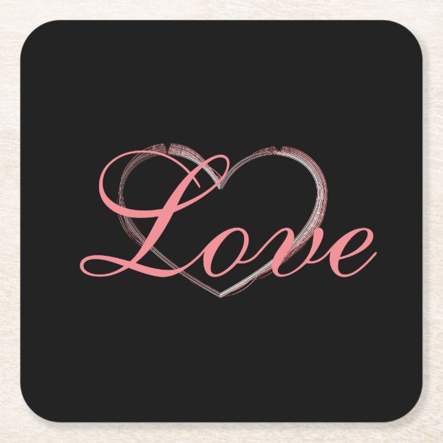 Trendy Heart Grey Calligraphy Love Wedding Square Paper Coaster (Front)