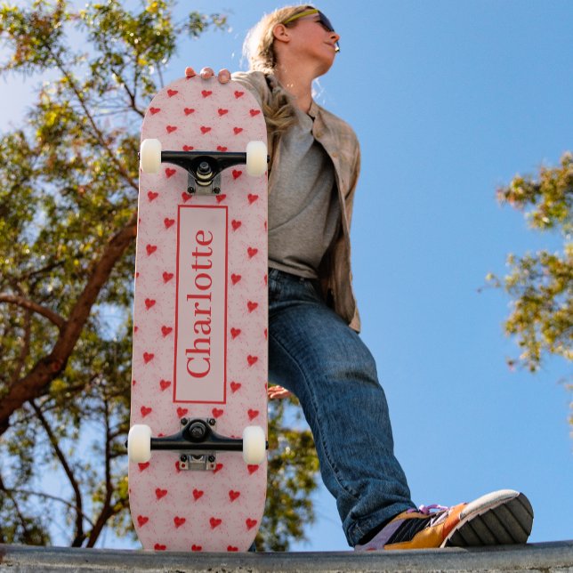 Trendy Heart Pattern Red Personalise Skateboard (Pretty Heart pattern Girls name red and pink skateboard )
