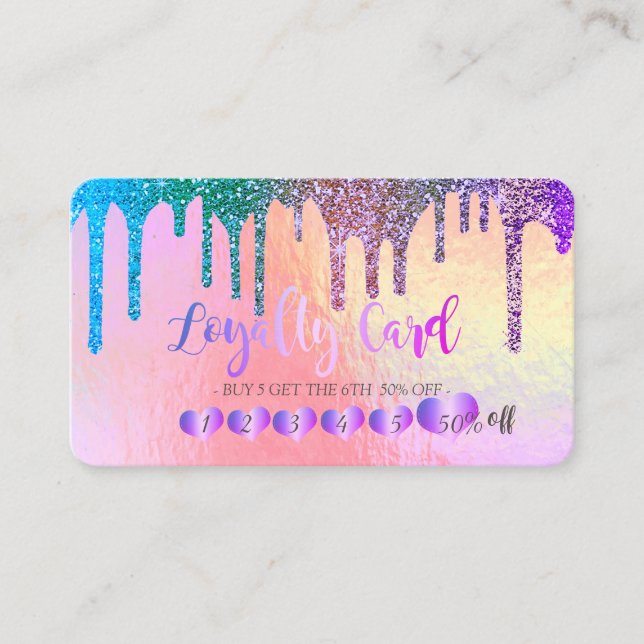 Trendy Hearts Rainbow Glitter Drips Holographic  Loyalty Card (Front)