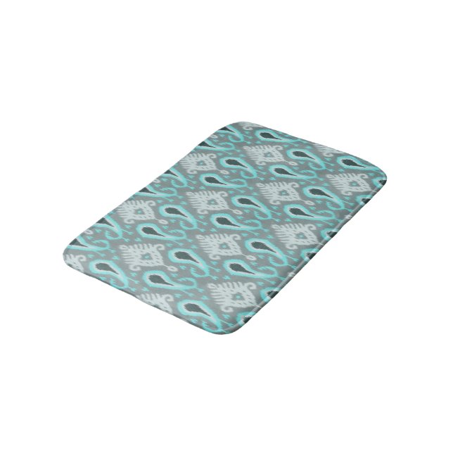 Trendy Hip Aqua Turquoise Ikat Tribal Art Pattern Bath Mat (Angled)