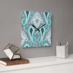 Trendy Hip Aqua Turquoise Ikat Tribal Art Pattern Square Wall Clock